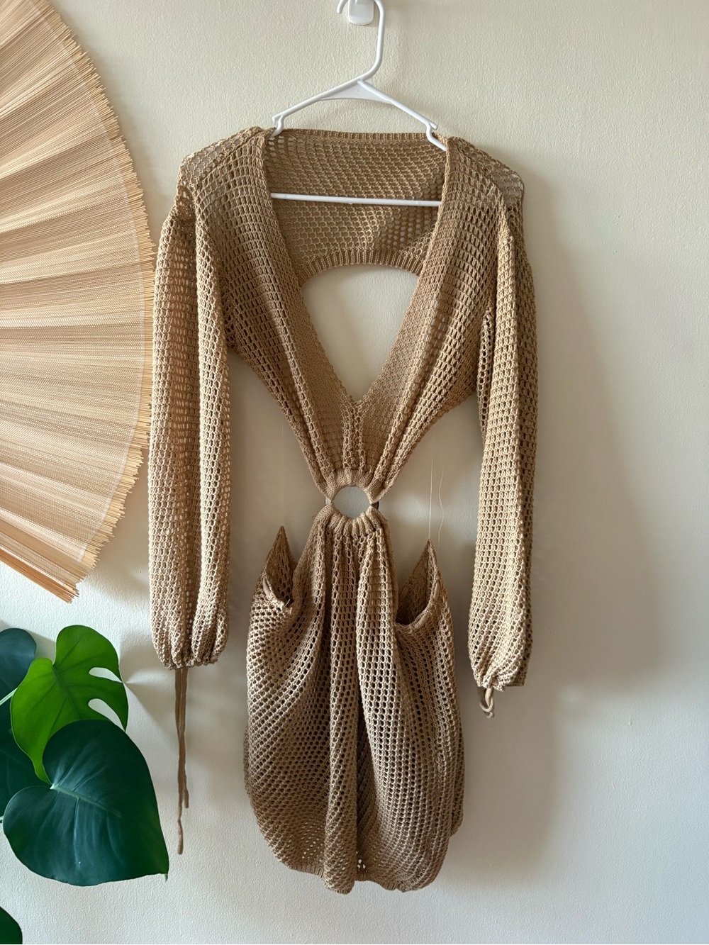 Tan Crochet Cut Out Dress Cover-up with Ring Detail